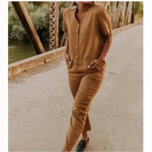 Rylee & Cru Tencel Linen Blend Utility Jumpsuit Brown Romper Pockets Size M - Picture 1 of 14